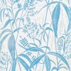 This hand block printed wallpaper sample is in a deep blue pattern on a light warm white ground. The pattern of the hand block printed wallpaper is a wild lemon verbena leaf design.