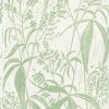 This hand block printed wallpaper sample is in a warm toned green pattern on a light warm white ground. The pattern of the hand block printed wallpaper is a wild lemon verbena leaf design.