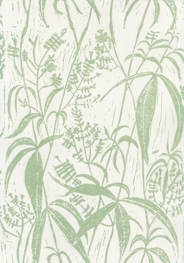 This hand block printed wallpaper sample is in a warm toned green pattern on a light warm white ground. The pattern of the hand block printed wallpaper is a wild lemon verbena leaf design.
